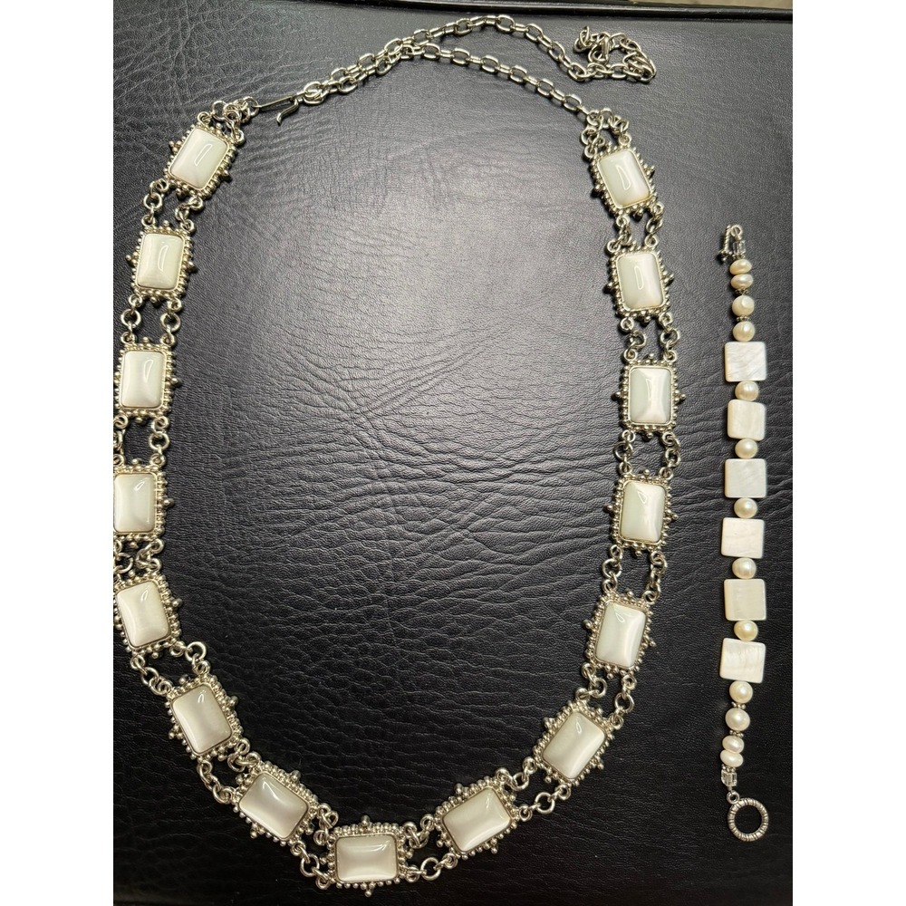 Vintage Inspired Silver Tone White Stone Necklace and Pearl Bracelet Set Costume